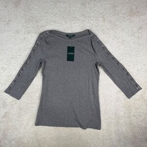 Lauren Ralph Lauren Womens Grey Lace Up Sleeve Boat Neck Knit Top Medium New